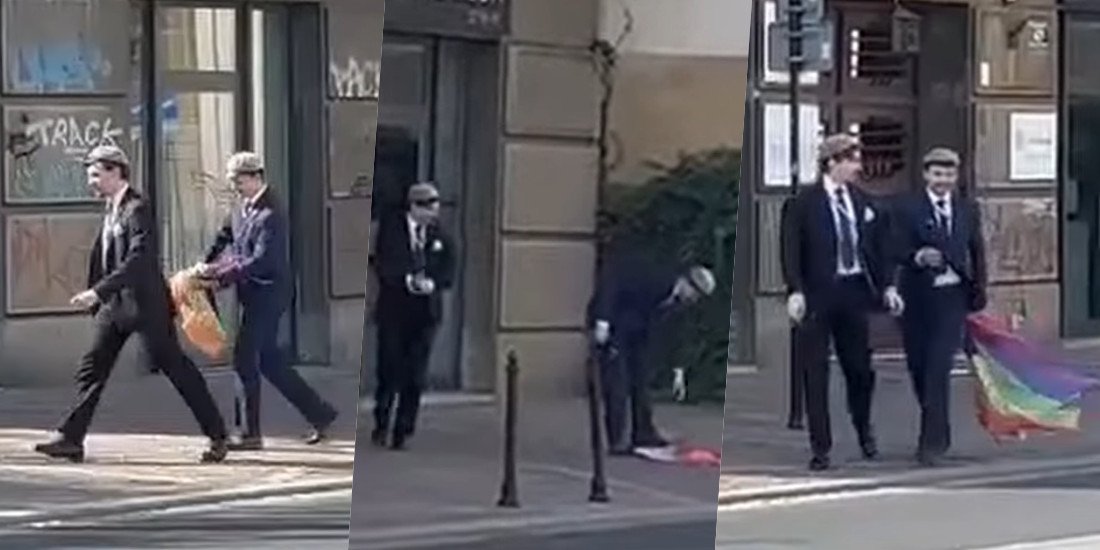 Zerwano dwie tęczowe flagi z balkonu kamienicy w Krakowie: sprawcami okazali się członkowie prawicowej organizacji 